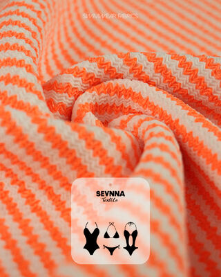 Kain renang bertekstur premium dengan 95% poliester daur ulang + 5% spandek, berat 280 gm, dan daya tarik tinggi untuk pakaian renang