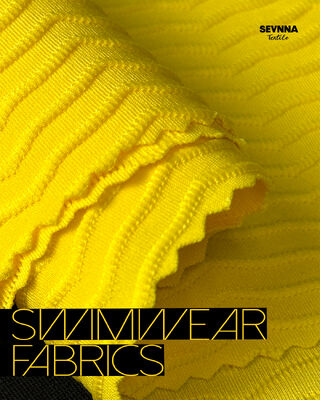 Kain renang bertekstur premium dengan 85% poliester daur ulang + 15% spandek, lebar 125cm, dan ketahanan tinggi untuk pakaian renang